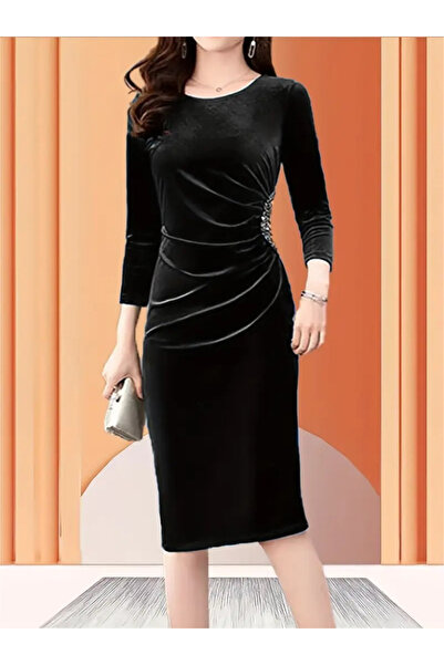 Modayakamoz Kadın Uzun Kollu Bot Yaka Yanı Taş Detaylı Midi Kadife Elbise