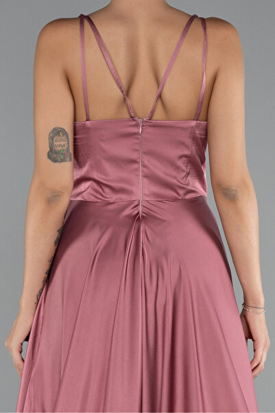 Abiyefon Gül Kurusu Zincir Askılı Göğüs Drapeli Uzun Saten Abiye ABU5146