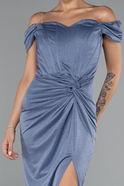 Abiyefon İndigo Kayık Yaka Balen Korse Uzun Simli Abiye ABU3473