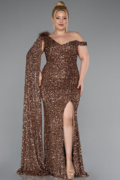 Abiyefon Bakır Tek Omuz Yırtmaçlı Uzun Pullu Büyük Beden Abiye ABU5151