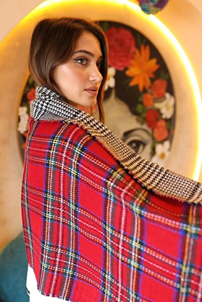 awix Double-Sided Houndstooth Plaid Patterned Scarf Shoulder Shawl Red