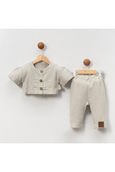 popshops baby طقم كتان بأزرار للفتيات من POPSHOPS