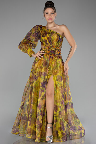 Abiyefon Fıstık Yeşili Tek Kol Bacak Dekolteli Desenli Uzun Abiye ABU4206