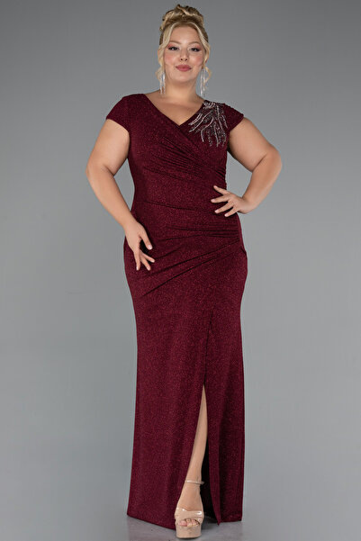 Abiyefon Bordo Kısa Kol V Yaka Uzun Simli Büyük Beden Abiye ABU5317