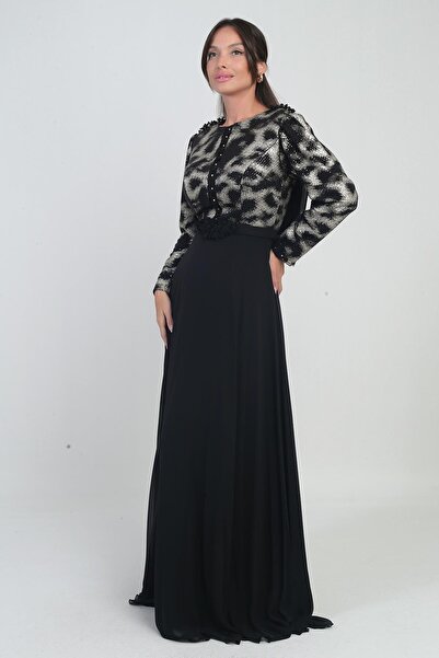 By Saygı Women's Floral Belt Detailed Sequin Lined Chiffon Long Dress