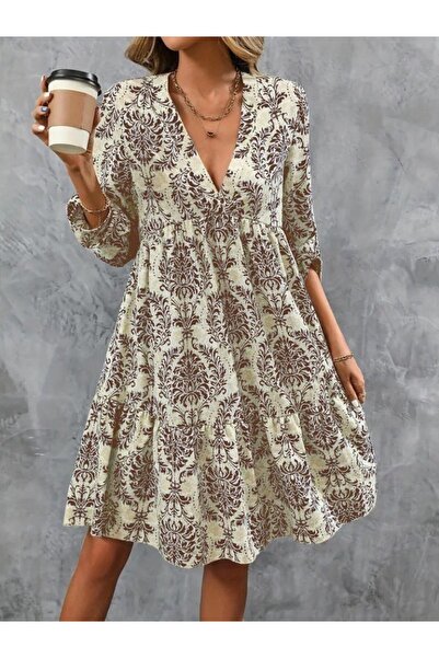 JANES Дамска рокля с дълъг ръкав, V-образно деколте и набори Suprem