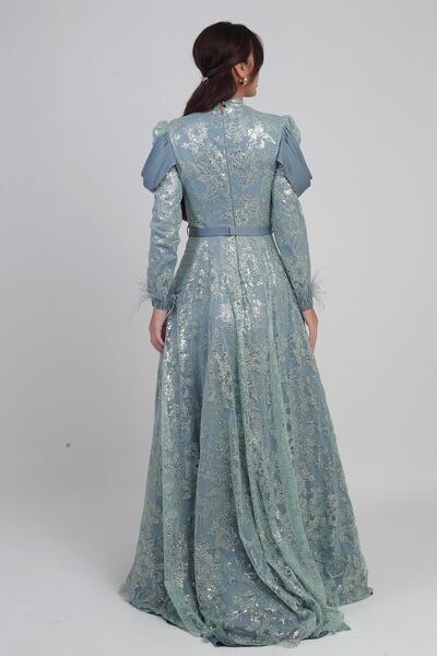 By Saygı Women's Long Dress with Feathered Sleeves, Beaded Sequins, and Detailed Lining