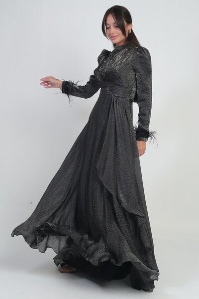By Saygı Women's Draped Front Flounce Detailed Lined Sleeves Feathered Griter Chiffon Long Flared Dress