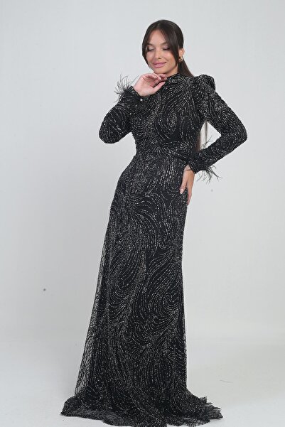 By Saygı Women's Long Dress with Feather Sleeves, Beaded and Sequined Lining, Tulle