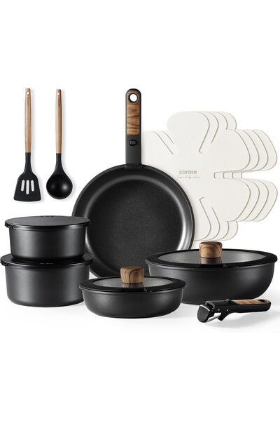 CAROTE مجموعة من 17 قطعة من الأواني والمقالي، مجموعة أواني طهي غير لاصقة بمقب...