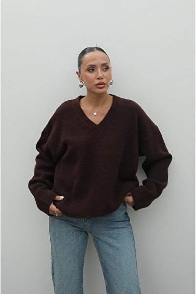 Havoş Brown V-Neck Soft Textured Sweater
