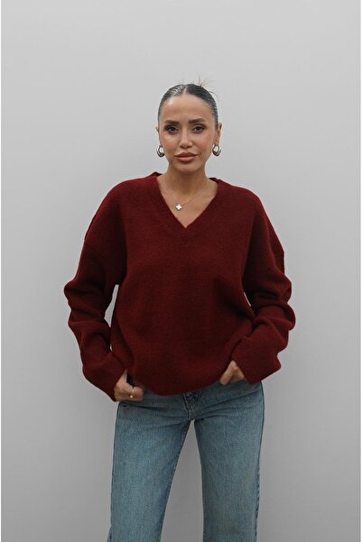 Havoş Bordo V Yaka Yumuşak Dokulu Kazak