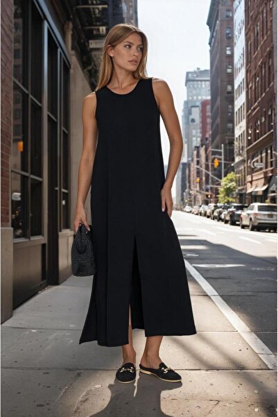 Pasaklı Giyim Women's Black Zero Sleeve Aerobin Fabric A-Line Slit Maxi Summe...
