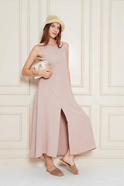 Pasaklı Giyim Γυναικείο φόρεμα σε πούδρα με μηδενικό μανίκι από ύφασμα Aerobin σε γραμμή Α με σχισμή μάξι καλοκαιρινό φόρεμα 3760330