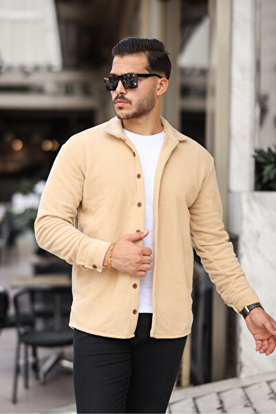 brozzi men Beige Men's Long Sleeve Winter Fleece Shirt