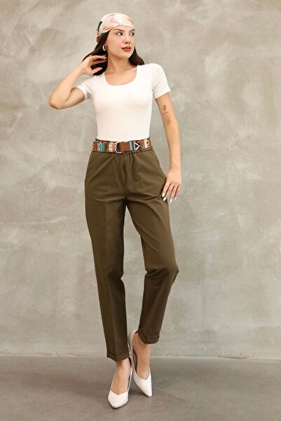 lodmela Ethnic Pattern Belted Gabardine Fabric Trousers 6176-Khaki