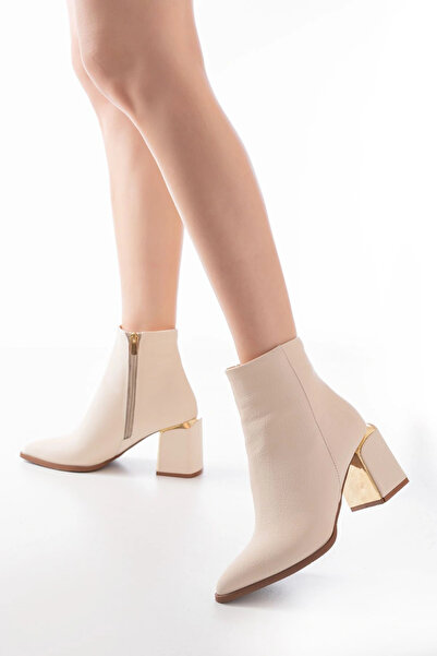 DEAG DNZ-410 Bej Fermuarlı Topuklu Kadın Günlük Bot