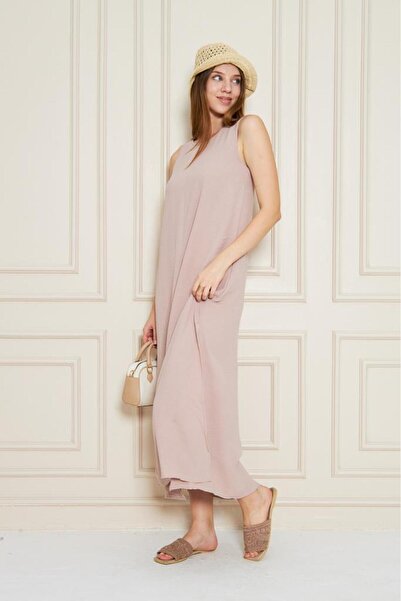 Pasaklı Giyim Γυναικείο φόρεμα σε πούδρα με μηδενικό μανίκι από ύφασμα Aerobin σε γραμμή Α με σχισμή μάξι καλοκαιρινό φόρεμα 3760330