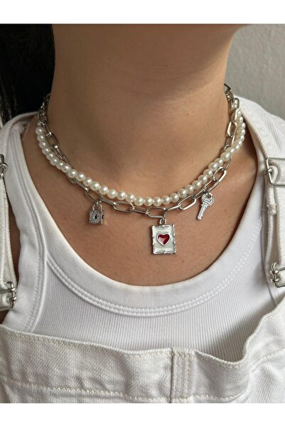 Fiamoss Women's Charm Detailed and Pearl-Encrusted Design Necklace