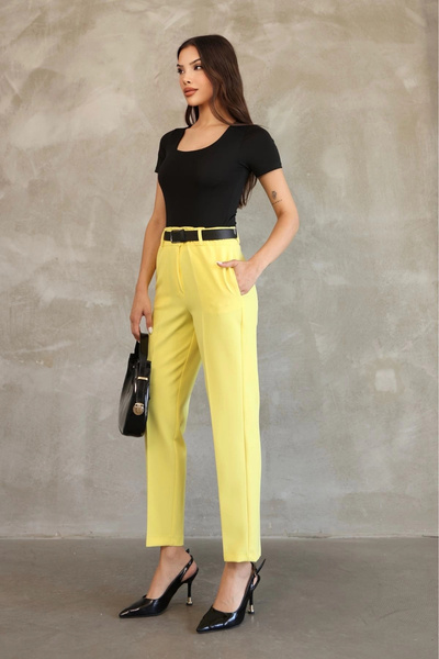 lodmela Belt detailed elastic waist fabric pants 6163-yellow