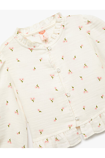 Koton Cotton Crew Neck Ruffled Long Sleeve Floral Blouse