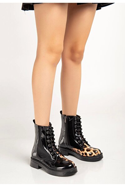 DEAG 02-3055 Black Patent Leather Leopard Lace-Up Zippered Casual Women's Boots