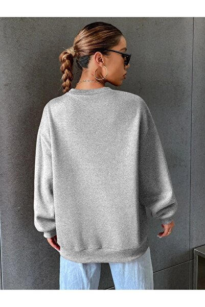Mythologie California West Coast Sweatshirt - Gray Printed Oversize Ruffled Crew Neck