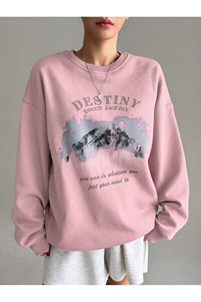 SeusCraft Destiny Enrich Kışlık Kalın Sweatshirt - Toz Pembe Baskılı Oversize Şardonlu Bisiklet Yaka