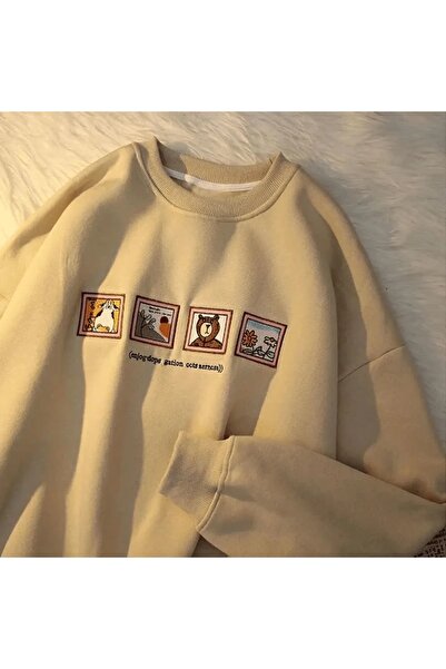 Mythologie Sweet Bear Sweatshirt - Beige Printed Oversize Hooded Crew Neck