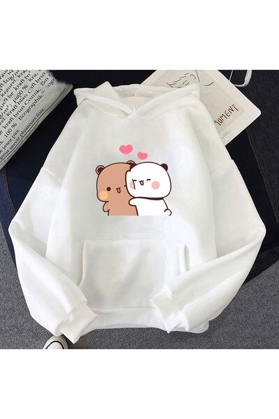 SeusCraft Panda Bubu and Dudu Sweatshirt - White Printed Oversize Hooded Swea...