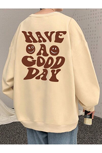 Mythologie Have a Good Sweatshirt with Emojis - Beige Printed Oversized Crew ...