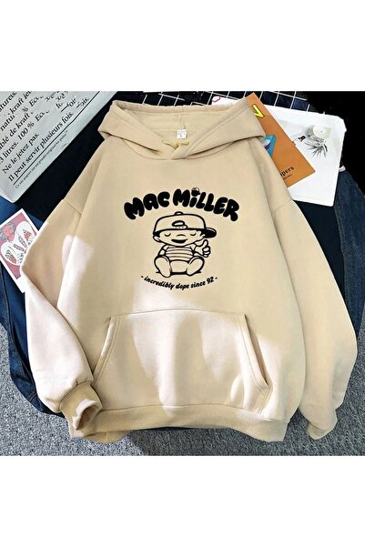 SeusCraft Φούτερ Mac Miller - Μπεζ με στάμπα, oversized, με κουκούλα και ριμπ...