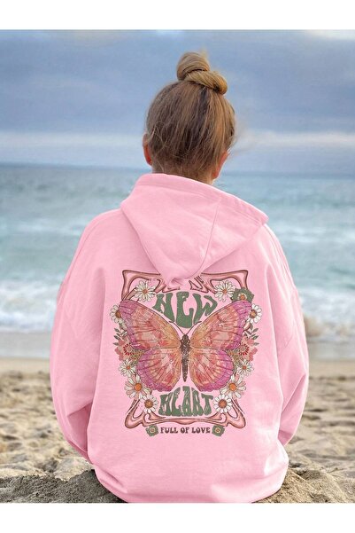 coolart Butterfly New Heart Kışlık Kalın Sweatshirt - Toz Pembe Baskılı Overs...