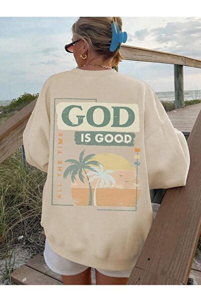 coolart Είναι καλό φούτερ με παλάμη - Μπεζ εμπριμέ υπερμεγέθη λαιμόκοψη