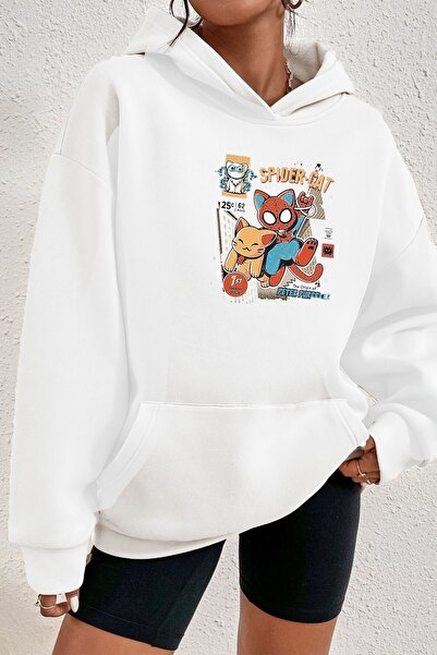 coolart Суитшърт Spider Cat - Бял с щампа и голяма повдигната качулка