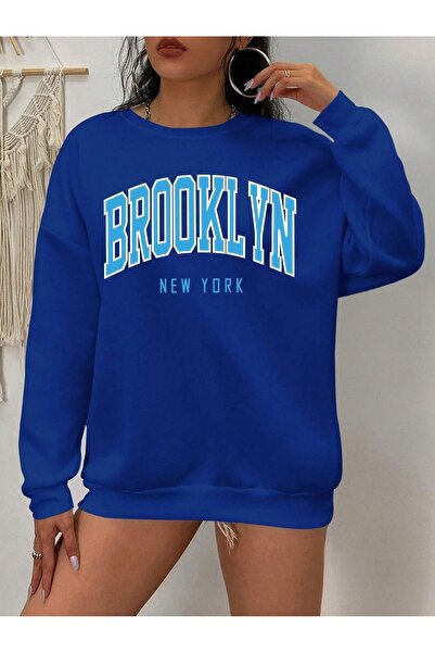 Mythologie Brooklyn Letter Winter Thick Sweatshirt - Sax Blue Printed Oversiz...