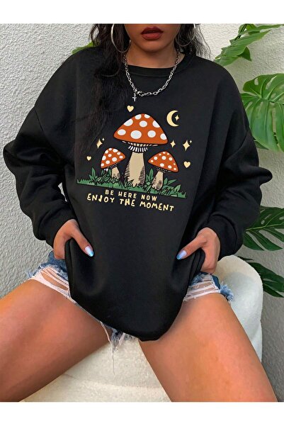 Mythologie Mushroom Moment Sweatshirt - Black Printed Oversized Raised Crew Neck