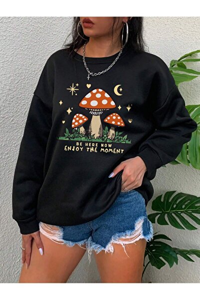 Mythologie Mushroom Moment Sweatshirt - Black Printed Oversized Raised Crew Neck