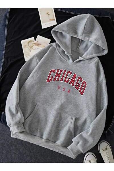 Mythologie Unisex Chcgo Printed Gray Oversize Hooded Sweatshirt