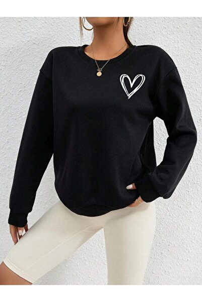 Mythologie Winter Thick Sweatshirt with Heart Logo - Black Printed Oversize Ribbed Crew Neck