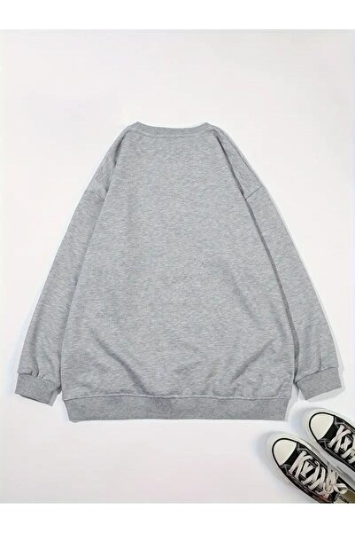 Mythologie Hearts Design Sweatshirt - Gray Printed Oversize Raised Crew Neck