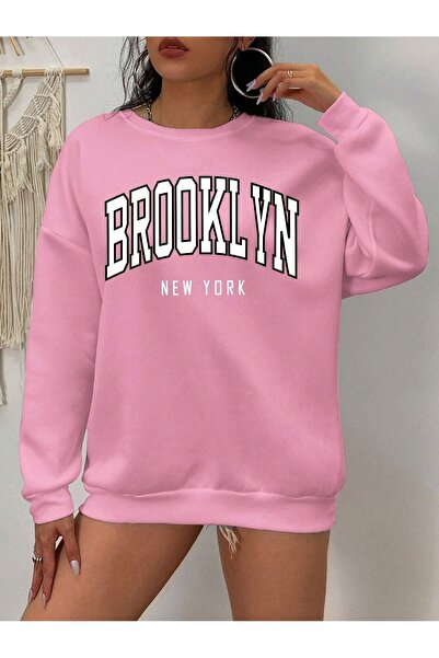 coolart Brooklyn Letter Kışlık Kalın Sweatshirt - Toz Pembe Baskılı Oversize ...
