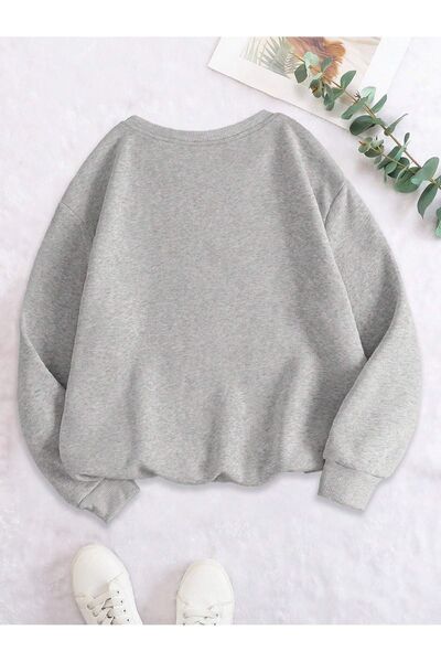 Mythologie Delight Sweatshirt - Gray Printed Oversize Hooded Crew Neck