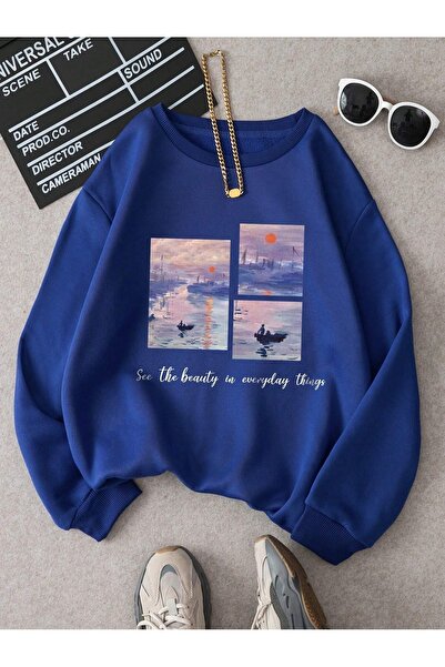 Mythologie Everyday Things Winter Thick Sweatshirt - Sax Blue Printed Oversiz...