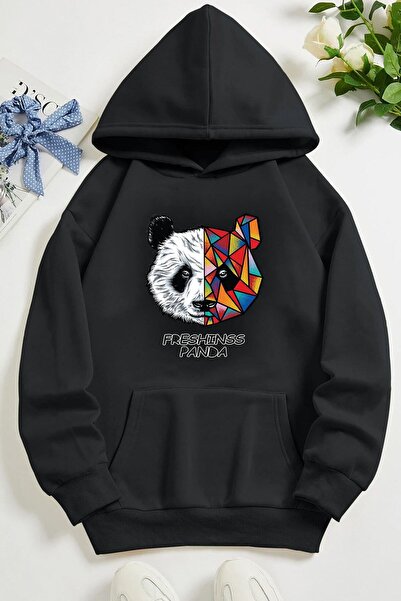 Mythologie Hanorac oversize cu glugă unisex, negru, cu imprimeu Freshinss Panda