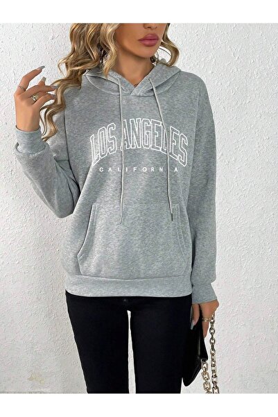 Mythologie Los Angeles California Winter Thick Sweatshirt - Gray Printed Oversize Ribbon Hoodie