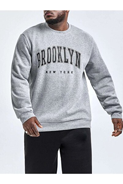 modaberry قميص من النوع الثقيل بطبعة بروكلين باللون الرمادي للرجال ذو حجم كبير