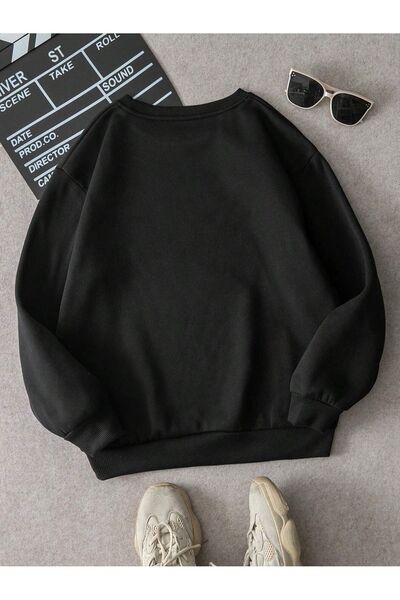 Mythologie Everyday Things Winter Thick Sweatshirt - Black Printed Oversize Ribbed Crew Neck