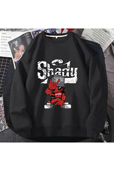 Mythologie Shady Figürlü Sweatshirt - Black Printed Oversize Raised Crew Neck