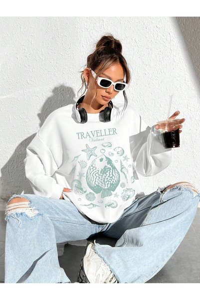 Mythologie 3 İplik Traveller Valiant Sweatshirt - White Printed Oversize Embossed Crew Neck